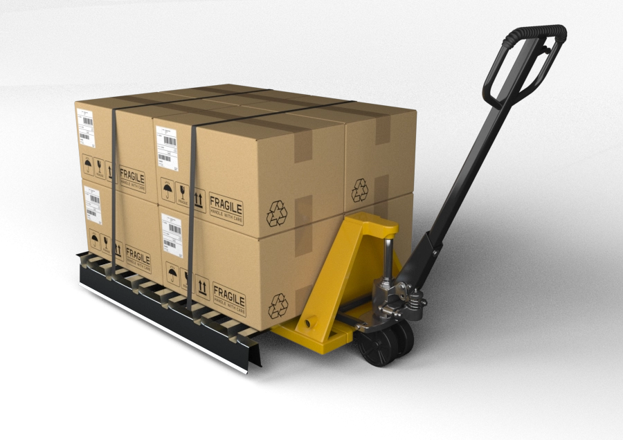 Pallet PallKit cargado con cajas sobre una transpaleta manual